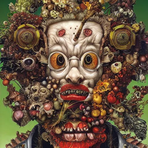 Image similar to portrait of crazy giuseppe arcimboldo, symmetrical, by yoichi hatakenaka, masamune shirow, josan gonzales and dan mumford, ayami kojima, takato yamamoto, barclay shaw, karol bak, yukito kishiro