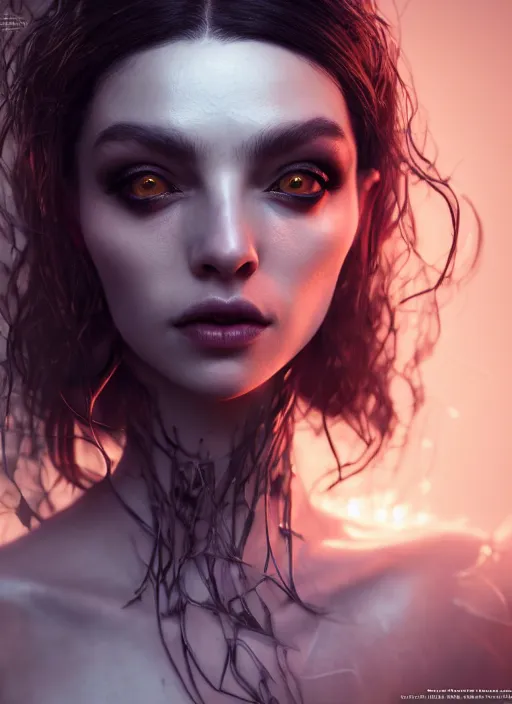 Image similar to close - up portrait of an absurdly beautiful, graceful, sophisticated, fashionable dark witch, hyperdetailed illustration by irakli nadar and vania zouravliov, day - glow, unreal engine 5 highly rendered, global illumination, radiant light, detailed and intricate environment