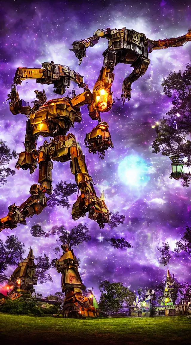 Image similar to giant robot with purple lights destroying a mini fantasy castle, professional photo, hdr, bokeh, sci fi, tiny castle, fantasy, small world, miniature