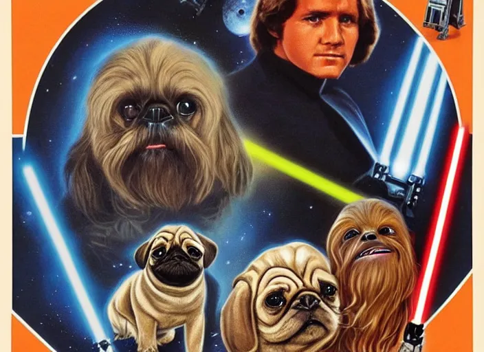 Image similar to vintage 1 9 7 7 star wars episode iv a new hope movie poster, with pugs instead of people