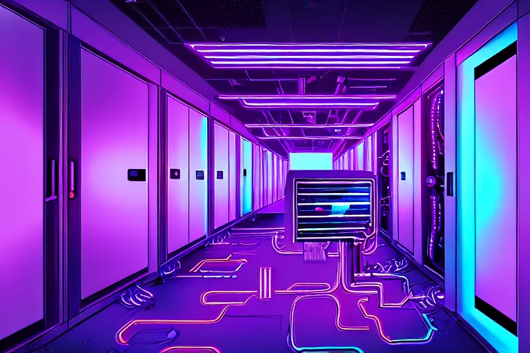 Image similar to realistic robot in a data server room, computers, neon and dark, purple and blue color scheme, by dan mumford, kirokaze and valenberg