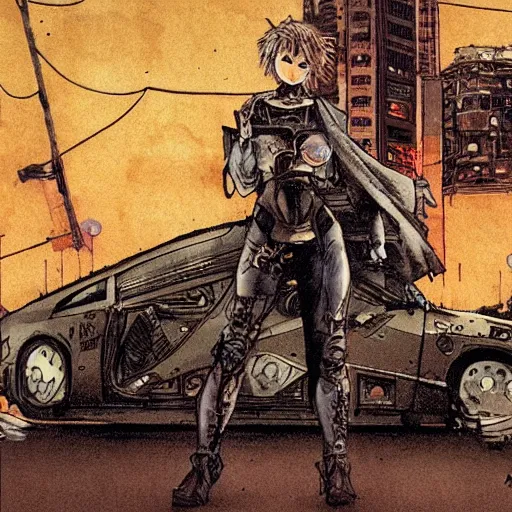 Image similar to android, killer - girl on car, 1 / 6 katsuya terada, style of cyberpunk, night, city,