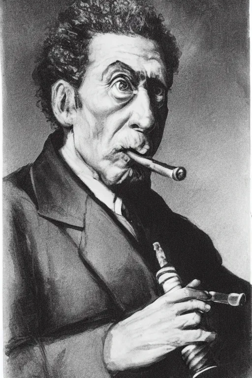 Image similar to portrait of kramer from senfeld, smoking a pipe, atmospheric, black and white