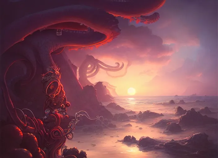 Prompt: Kraken cove, sunset archipelago, dreamworks, peter mohrbacher