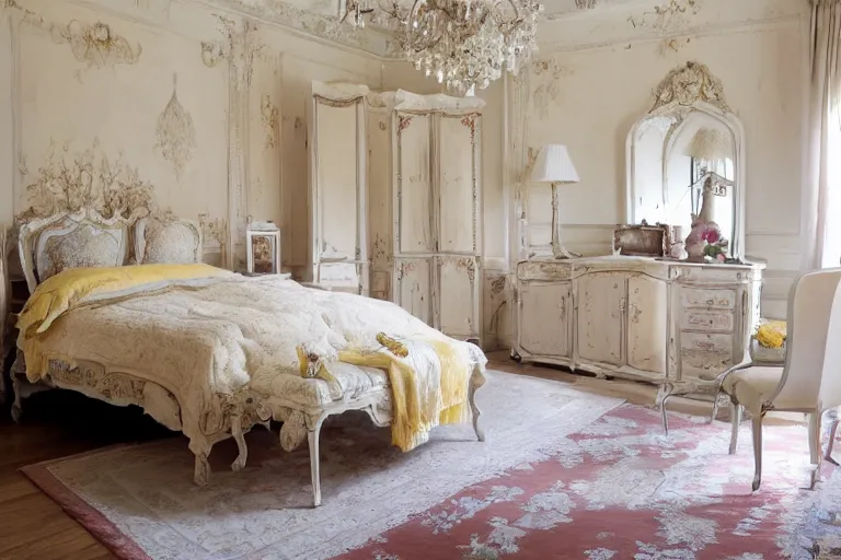 Image similar to A sunny bedroom, exquisite decoration, all restoration furniture