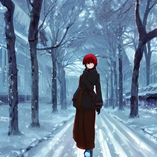 Prompt: anime woman in the winter in an abandoned soviet town, beautiful face, by Makoto Shinkai