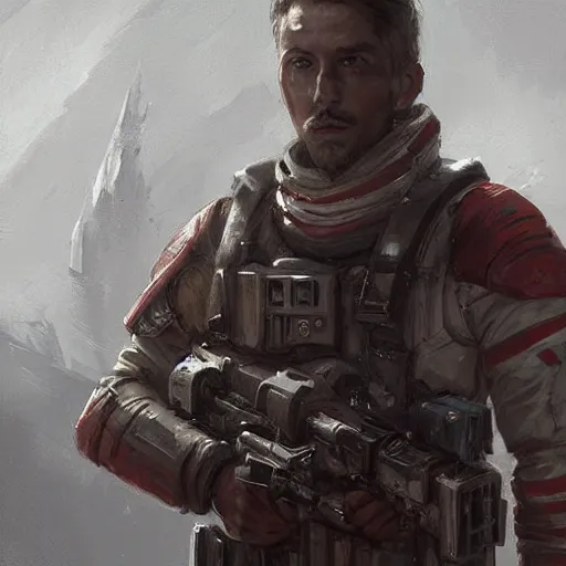 Prompt: portrait of a man by greg rutkowski, a soldier of the galactic triunvirate wearing a red and white tactical gear, star wars expanded universe, highly detailed portrait, digital painting, artstation, concept art, smooth, sharp foccus ilustration, artstation hq