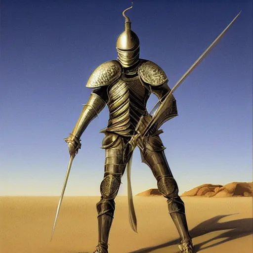 Image similar to male knight in the middle of a desert, gerald brom