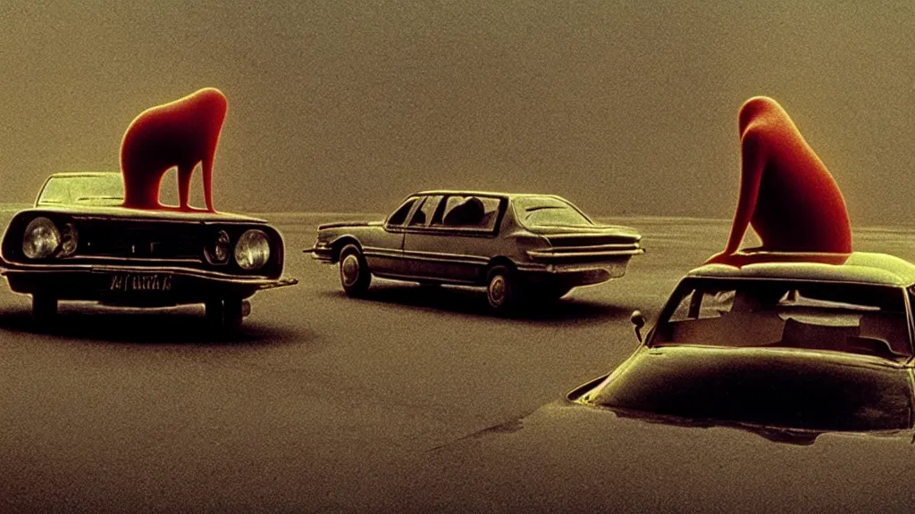 Image similar to the hip creature on the car, film still from the movie directed by denis villeneuve and david cronenberg with art direction by salvador dali and zdzisław beksinski, wide lens