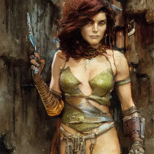 Image similar to a scrappy bronze age thief woman, looking around a corner, fantasy character portrait by gaston bussiere, craig mullins, greg rutkowski