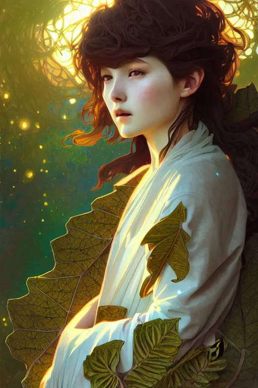 Image similar to beautiful ancient girl in makeshift leaf armor, deep space, another world, highly detailed, digital painting, artstation, sharp focus, illustration, art by tan zi and ayanamikodon and alphonse mucha and wlop