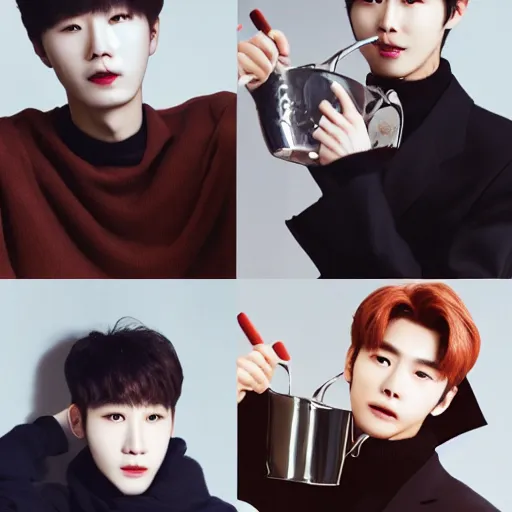 Image similar to a cup of coffee part 4 with johnny suh, mark lee, jung jaehyun, ten lee, and kim doyoung, all from the group nct, neo culture technology, portraiture, color restoration