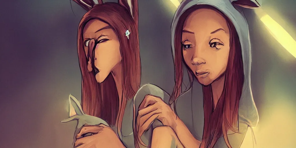 Image similar to women, dark skin, ginger, cartoon, sweatshirt, concept art, concept art, bunny ears,