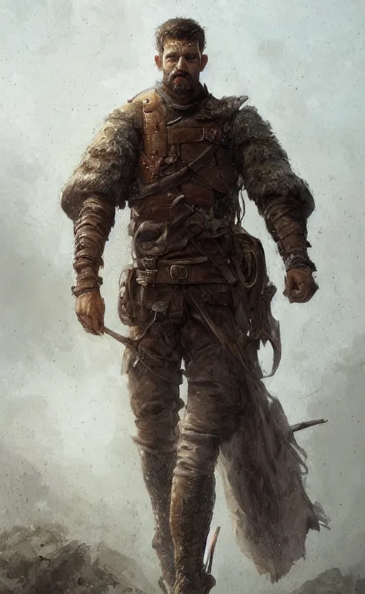 Image similar to Portrait of a rugged ranger, male, muscular, straight nose!!!, detailed face, thighs!!!, simple clothing!!!!!, boots!!!! fantasy, medieval, highly detailed, cinematic lighting, digital art painting by greg rutkowski