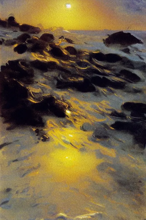 Image similar to the yellow sun in sky, spray of roses on the sea surface, a palm on beach, painting by john singer sargent