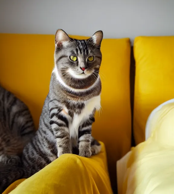 Image similar to a 4 k photorealistic photo of a cat sitting on a bed in a yellow room