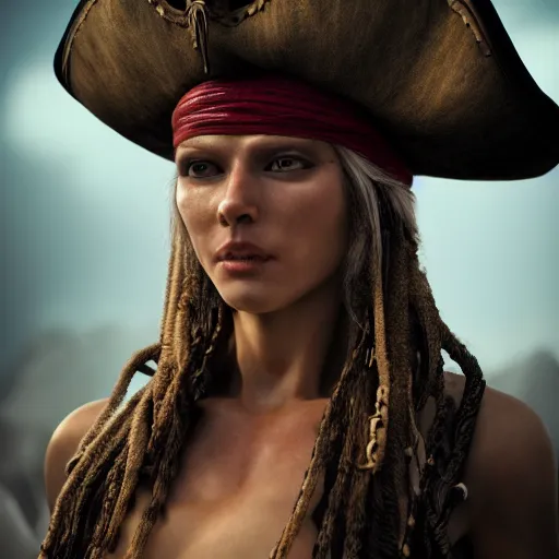 Image similar to full body pose, hyperrealistic photograph of a pirate woman, dim volumetric lighting, 8 k, octane beautifully detailed render, extremely hyper detailed, intricate, epic composition, cinematic lighting, masterpiece, trending on artstation, very very detailed, stunning, hdr, smooth, sharp focus, high resolution, award, winning photo, dslr, 5 0 mm