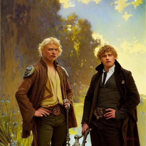 Image similar to manly arthur pendragon and manly merlin. focus on their faces. natural lighting. highly detailed painting by gaston bussiere, j. c. leyendecker, alphonse mucha, greg rutkowski, 8 k