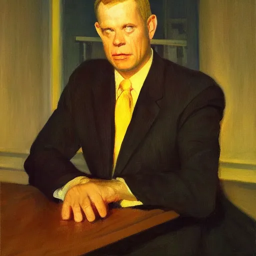 Image similar to high quality oil painting portrait of Richard Durbin by Edward Hopper, dark background, high fantasy, perfect lighting