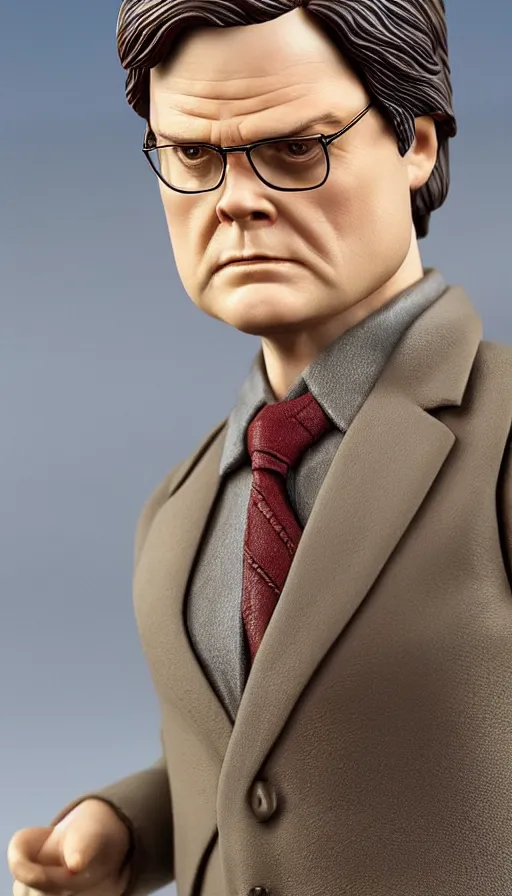 Prompt: hot toys figurine of dwight schrute, realistic, up close image, 1 / 1 6 th scale, unopened, listing image, hd