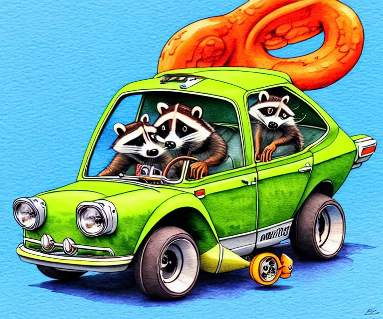 Image similar to cute and funny, racoon driving a tiny hot rod with an oversized engine, ratfink style by ed roth, centered award winning watercolor pen illustration, isometric illustration by chihiro iwasaki, edited by craola, tiny details by artgerm and watercolor girl, symmetrically isometrically centered