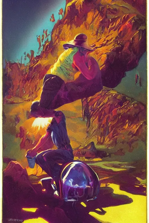 Prompt: precognitive mage of the bilberry,art by Earl Norem and Danny Flynn,trending on artstation, rotund lighting front view,surrealism ,60s kitsch and psychedelia ,stuckism ,tintype ,hyperrealism,