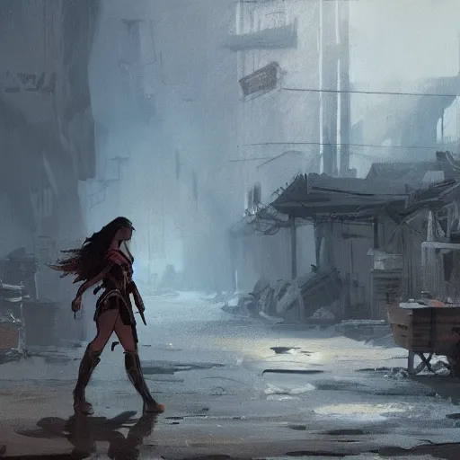 Image similar to old west concept art by greg rutkowski, wonder woman walking through a desolate town with broken down shops and a saloon, enigmatic atmosphere, beautiful and cinematic lighting, artstation hq.