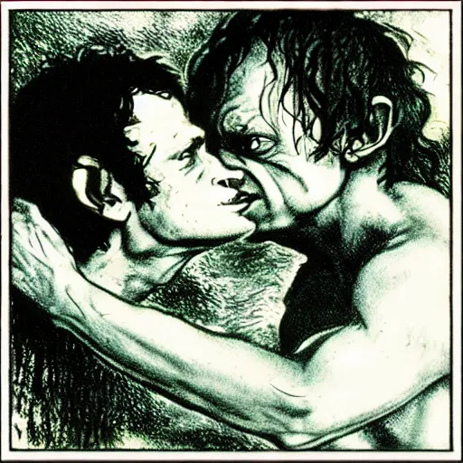 Image similar to gollum kissing frodo in lord of the rings by peter jackson, still, very photorealistic