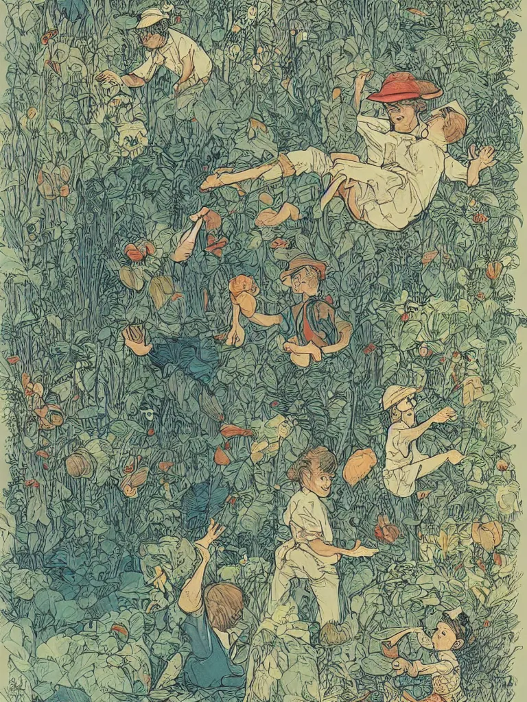 Image similar to the adventures of tom sawyer and huckleberry finn, illustrated by james jean, playful, naturalistic, simple life, mississippi