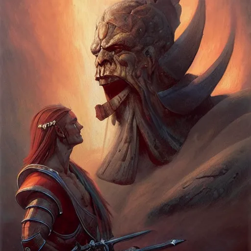 Image similar to head and shoulders portrait of a helmed fire giant with a giant sword, d & d, fantasy, greg rutkowski, frank frazetta, alexandre chaudret, boris vallejo, michael whelan, miro petrov, hr giger, magali villeneuve, donato giancola