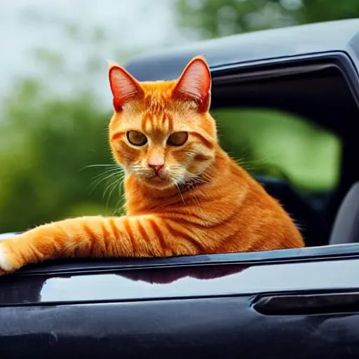 Prompt: an orange tabby cat driving a car