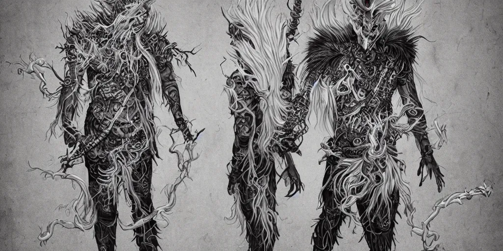Image similar to full body and head , spiked black hair character design of realistic asian Sumerian Death Goddess ivory skin runic icons + mystical symbols, with small bleached bones covering vest and flowing electricity and smoke , fantasy, intricate, elegant, highly detailed, artstation, ,photoreal, ghostbusters , peter mordenbacher,Mike Winkelmann, ultra realistic, intricate, epic lighting, 8k resolution, unreal engine 5, ultraviolet colors