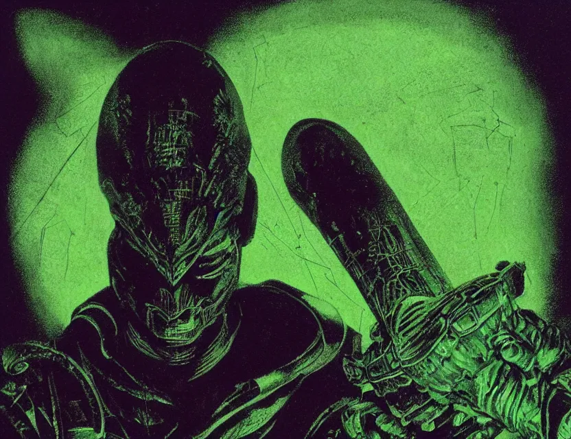 Image similar to a close - up view portrait of a silhouetted supernatural wizard in brutalist halls with metallic alien technology. close - up view, detailed textures. glowing green purple fog, dark black background. highly detailed fantasy science fiction painting by moebius, norman rockwell, frank frazetta, and syd mead. rich colors, high contrast