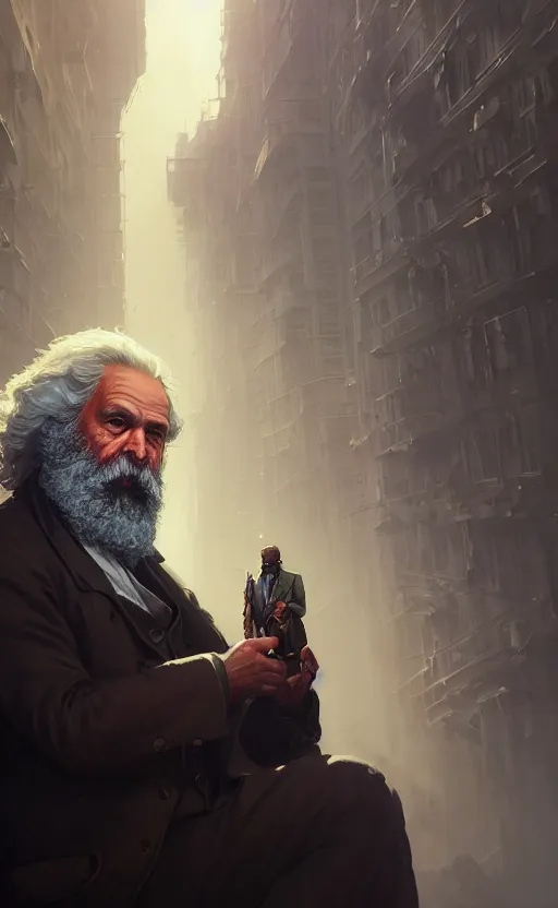 Image similar to highly detailed portrait of karl marx in gta v, stephen bliss, unreal engine, fantasy art by greg rutkowski, loish, rhads, ferdinand knab, makoto shinkai and lois van baarle, ilya kuvshinov, rossdraws, tom bagshaw, global illumination, radiant light, detailed and intricate environment