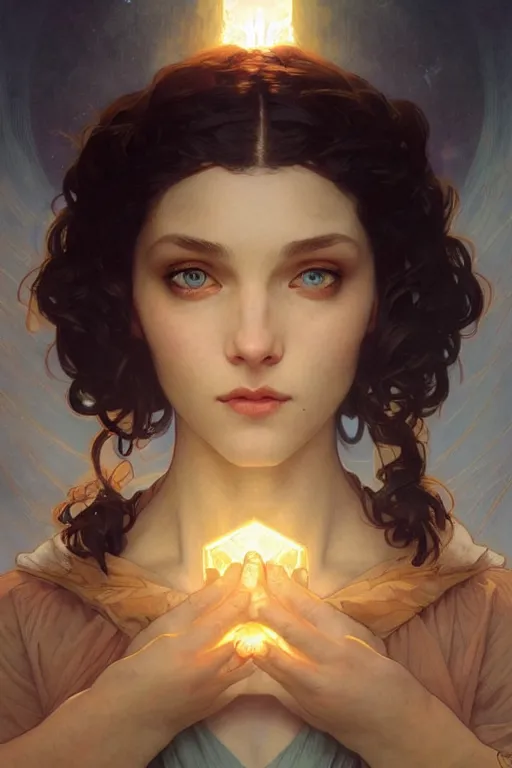 Image similar to bright cube above a portrait of a beautiful dark mystical woman, ice blue eyes, artstation, concept art, smooth, sharp focus, illustration, art by artgerm and greg rutkowski and alphonse mucha and william - adolphe bouguereau