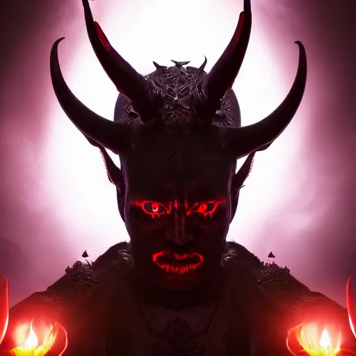 Image similar to portrait of the dark lord with horns, consumed by the dark powers, red eyes, wearing a robes, highly detailed, photography, 8k