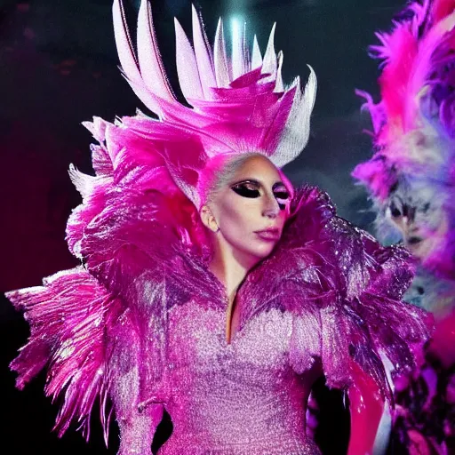 Image similar to Lady gaga in a pink dress standing in front of a crowd, a hologram by Alexander McQueen, trending on pexels, kitsch movement, made of feathers, ethereal, made of crystals