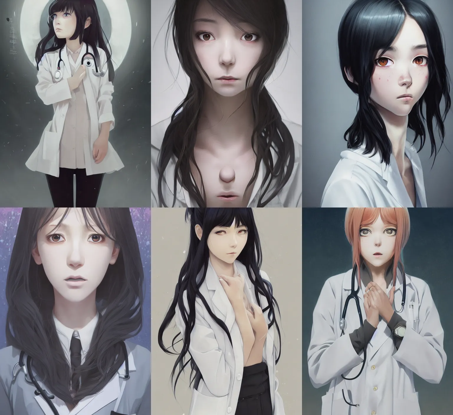 Image similar to detailed, sharp, full body portrait of a sad and gloomy crying female physician wearing a white coat by Ilya Kuvshinov and Anna Dittmann and studio ghibli and WLOP and Rossdraws, digital art, trending on artstation, anime arts, featured on Pixiv, HD, 8K, highly detailed, good lighting, beautiful, epic, masterpiece