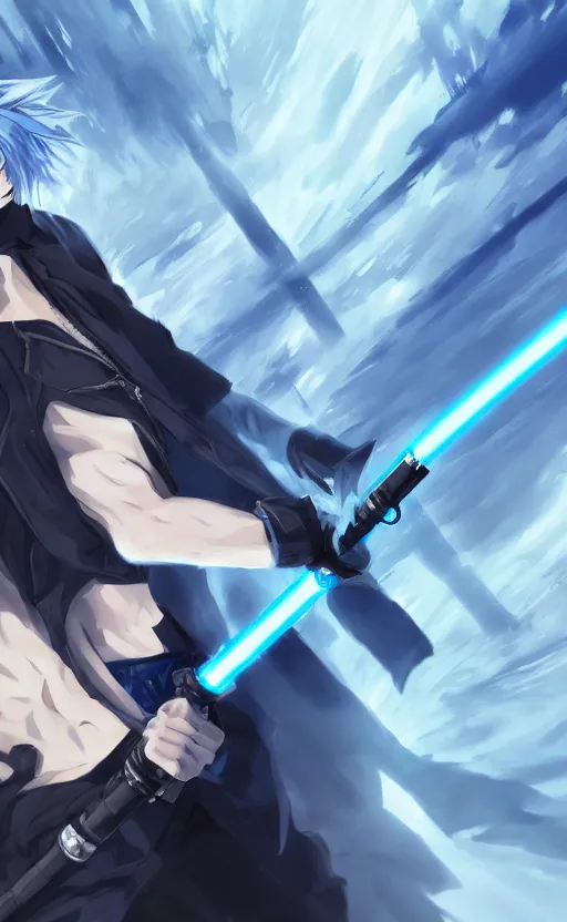 Prompt: anime boy with messy blue hair wearing black long jacket holding an dual blade lightsaber, WLOP, concept art, digital painting, trending on artstation, highly detailed, epic composition, 8k UHD