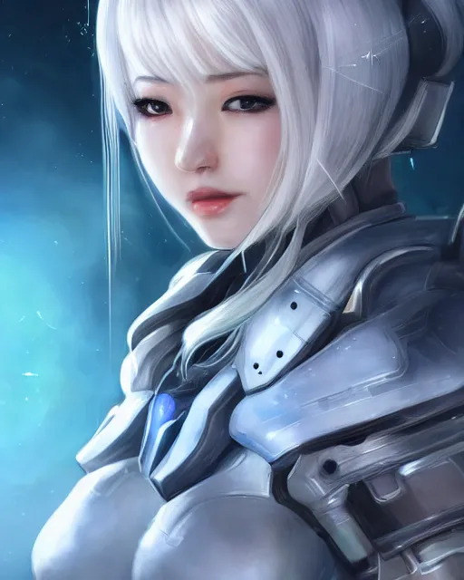 Image similar to detailed portrait of perfect android girl, warframe armor, beautiful face, scifi, futuristic, space station, laboratory, song hye - kyo, dreamy, long white hair, blue cyborg eyes, cinematic lighting, innocent, highly detailed, sharp focus, smooth, artstation, intricate, award winning, pure aura, divine, by akihiko yoshida