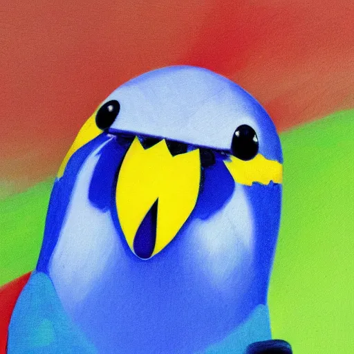 Prompt: art of a budgie maniacally grinning with a glint in its eye