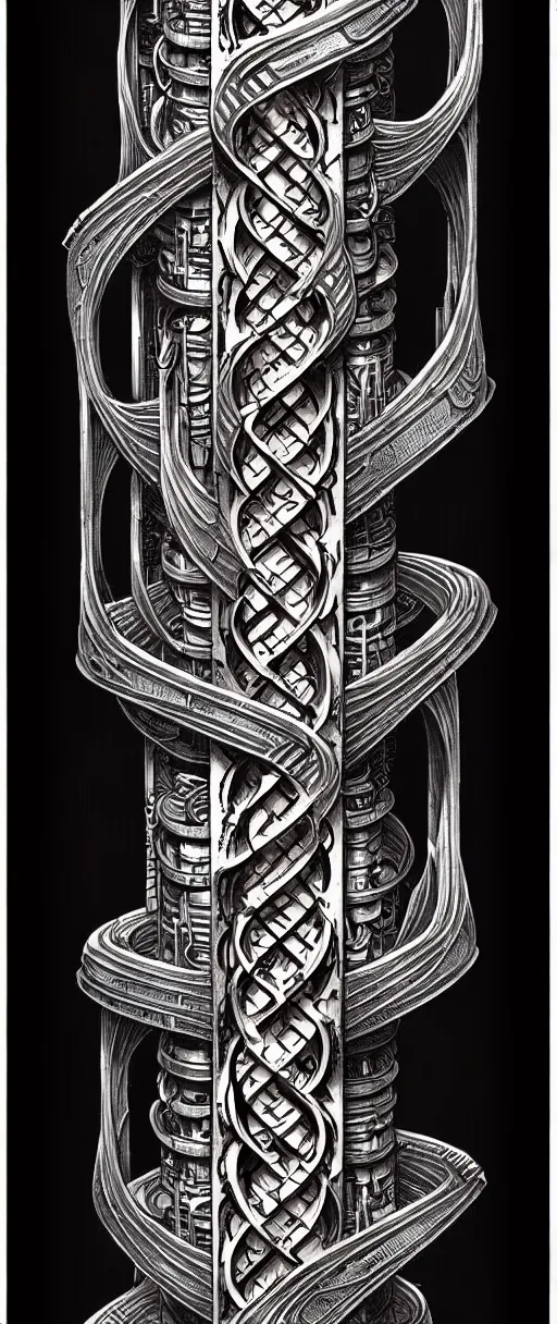 Image similar to a double helix dna cyberpunk steampunk carved pillar, high details, lineart, by vincent di fate and joe fenton, inking, screen print, masterpiece, trending on artstation, sharp, high contrast, hyper - detailed,, hd, 4 k, 8 k