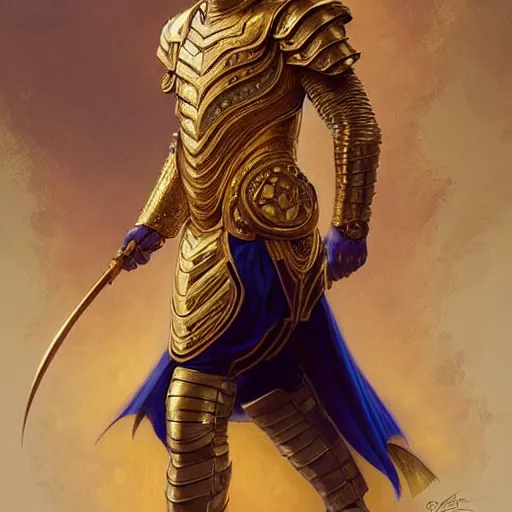 Image similar to Lionel Messi wearing a beautiful golden armor, D&D, fantasy, intricate, elegant, highly detailed, digital painting, artstation, concept art, matte, sharp focus, illustration, art by Artgerm and Greg Rutkowski and Alphonse Mucha