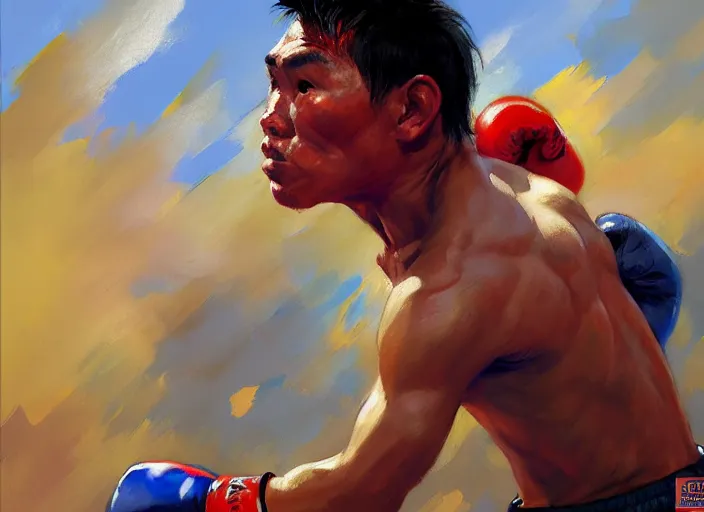 Image similar to greg manchess portrait of a filipino boxer in a victorious pose in an arena, organic painting, sunny day, matte painting, bold shapes, hard edges, street art, trending on artstation, by huang guangjian, gil elvgren, ruan jia, randy vargas, greg rutkowski