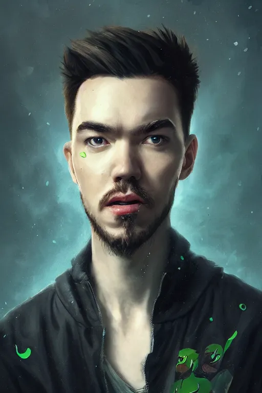 Image similar to a fancy portrait of the YouTuber jacksepticeye by Greg Rutkowski, Sung Choi, Mitchell Mohrhauser, Maciej Kuciara, Johnson Ting, Maxim Verehin, Peter Konig , mythical, 8k photorealistic, cinematic lighting, HD, high details, atmospheric,