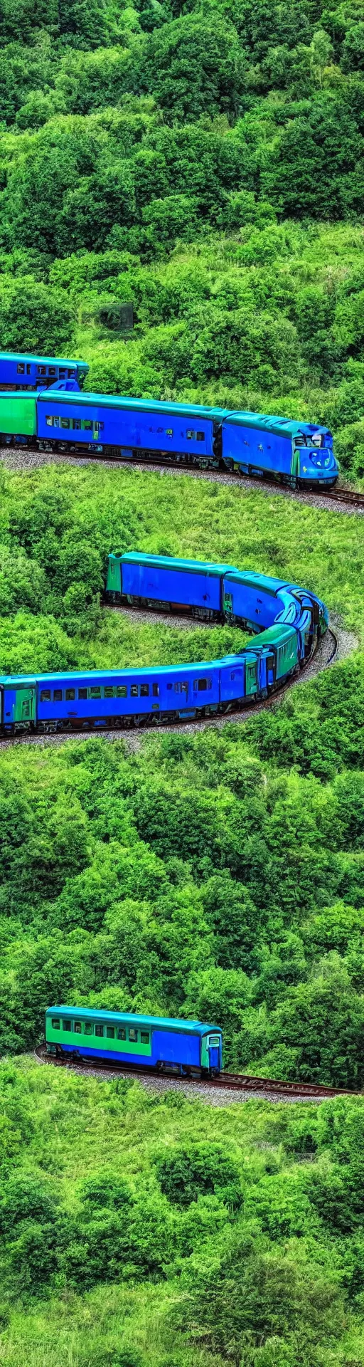 Prompt: blue and green train in the country,