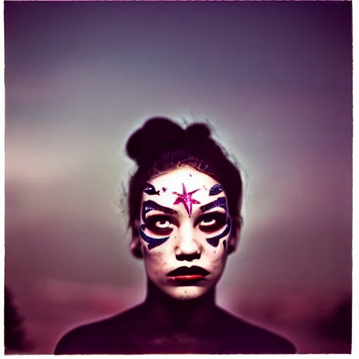 Prompt: beautiful young woman with gutterpunk pen ink face tattoos stares at the camera, night sky, stars in background, bruce gilden, leica s, fuji 8 0 0, grainy, low light