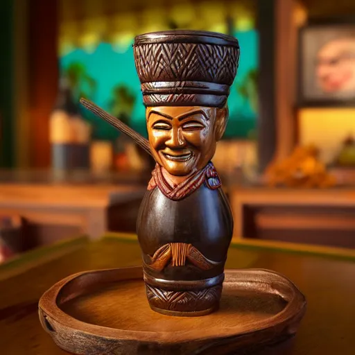 Prompt: a photorealistic photograph of a Trader Vic's tiki mug featuring Jane Seymour at a Tiki bar daybreak- Trending on Artstation, featured on Behance, well-rendered, Unreal Engine, 4K HD