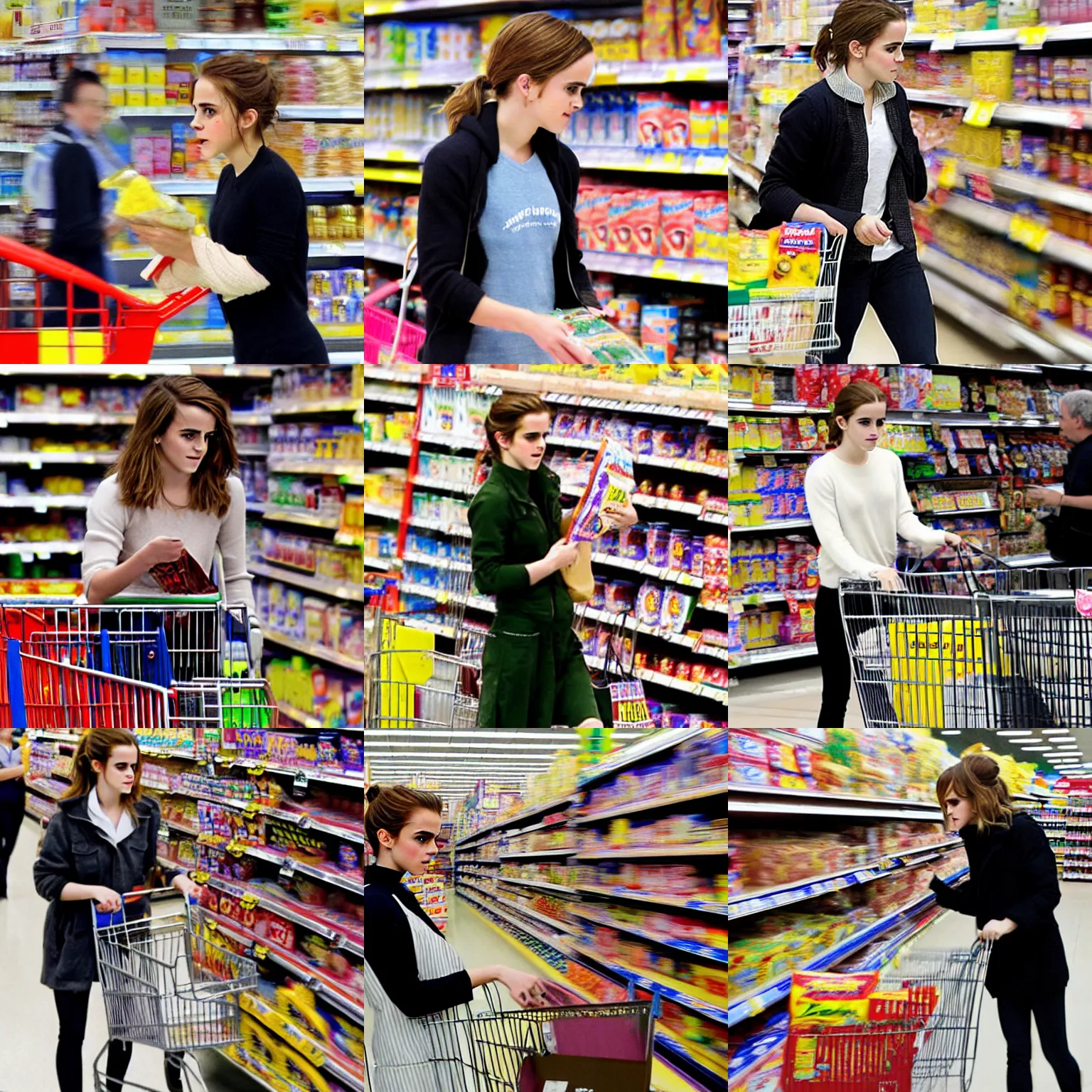 Prompt: candid paparazzi photo of a nervous emma watson buying wonderbread in a supermarket, slight camera shake