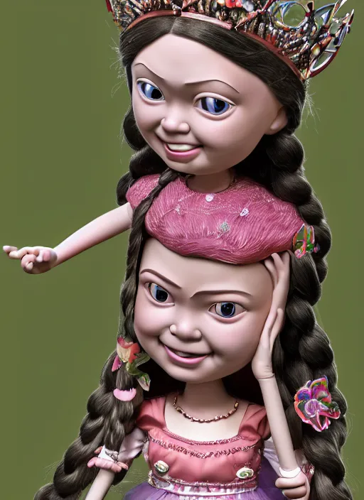 Prompt: closeup face profile portrait of tin toy greta thunberg as a fairytale princess wearing a crown eating cakes, bikini, depth of field, zeiss lens, detailed, symmetrical, centered, fashion photoshoot, by nicoletta ceccoli, mark ryden, lostfish, breathtaking, 8 k resolution, extremely detailed, beautiful, establishing shot, artistic, hyperrealistic, octane render
